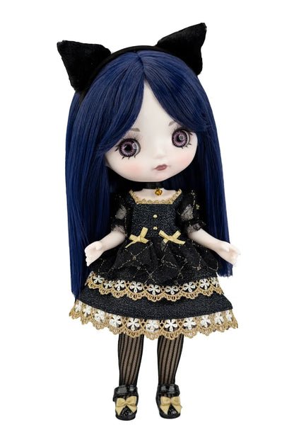 A doll with long dark blue hair, black cat ears, and a black dress with gold trim and lace details, standing against a plain white background.