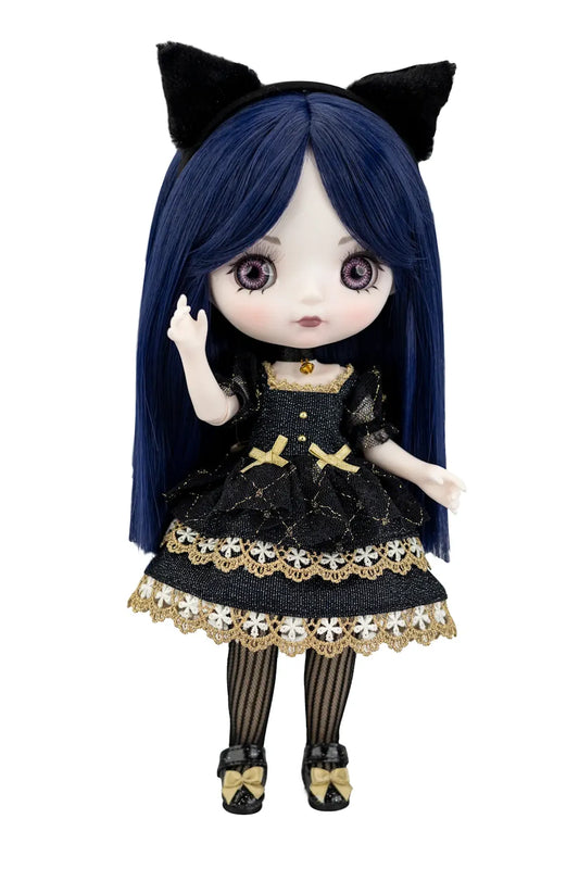 A doll with long dark blue hair, large expressive eyes, and black cat ears, wearing a black dress with gold trim, striped tights, and black-and-gold shoes against a plain white background.