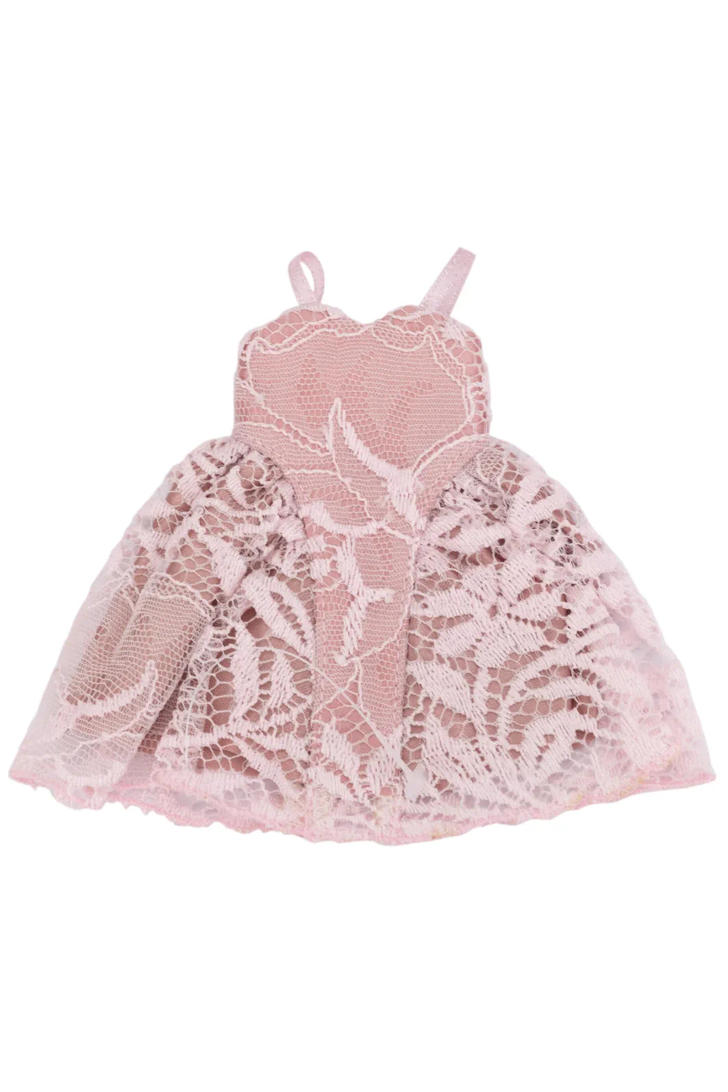 A light pink sleeveless lace dress with thin shoulder straps, a fitted lace bodice, and a full tulle skirt with floral lace overlay, shown on a plain white background.