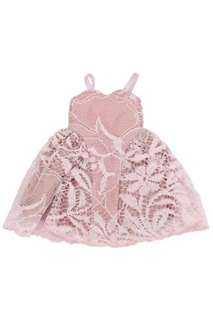A light pink sleeveless lace dress with thin shoulder straps, a fitted lace bodice, and a full tulle skirt with floral lace overlay, shown on a plain white background.