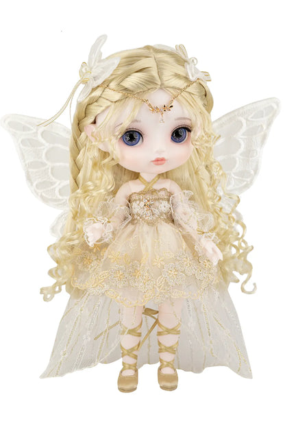 Fairy doll with blonde hair and wings on a white background