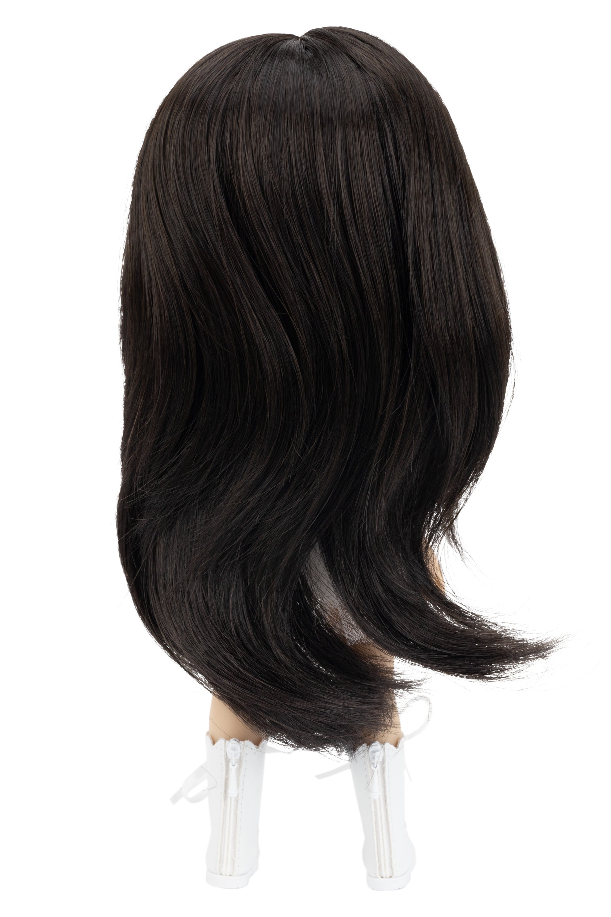 Dark Brown wig on a mannequin head with a white background