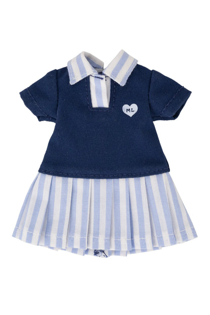 Navy blue and white striped dress with a heart-shaped label on a white background