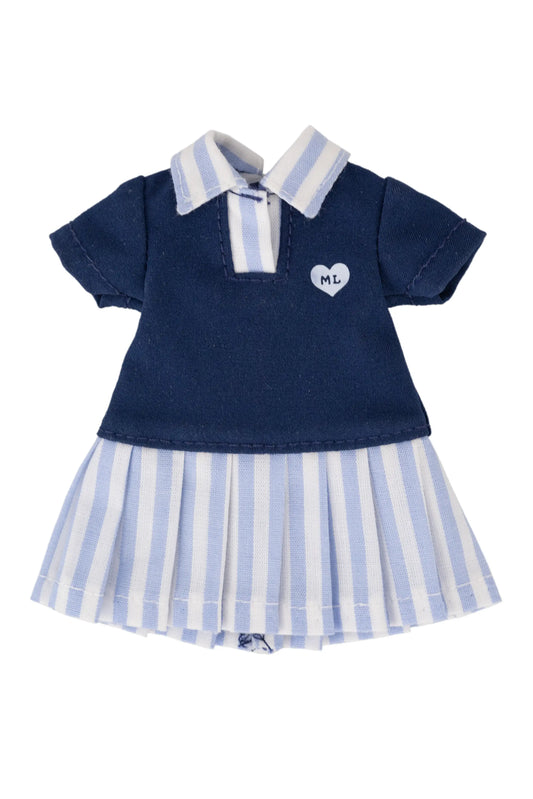 Navy blue and white striped dress with a heart-shaped label on a white background