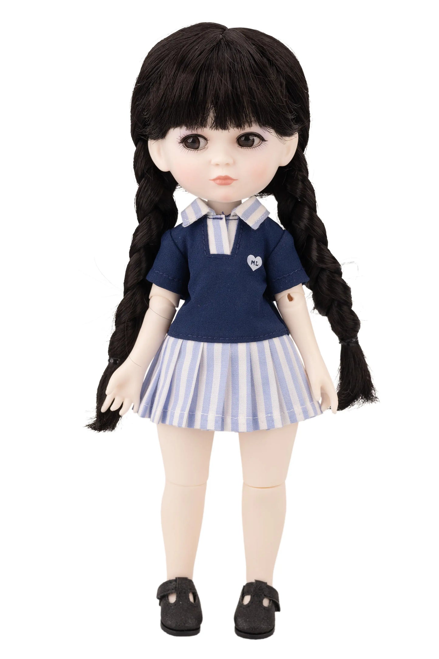 Doll wearing a blue school uniform with a white collar and striped skirt on a white background