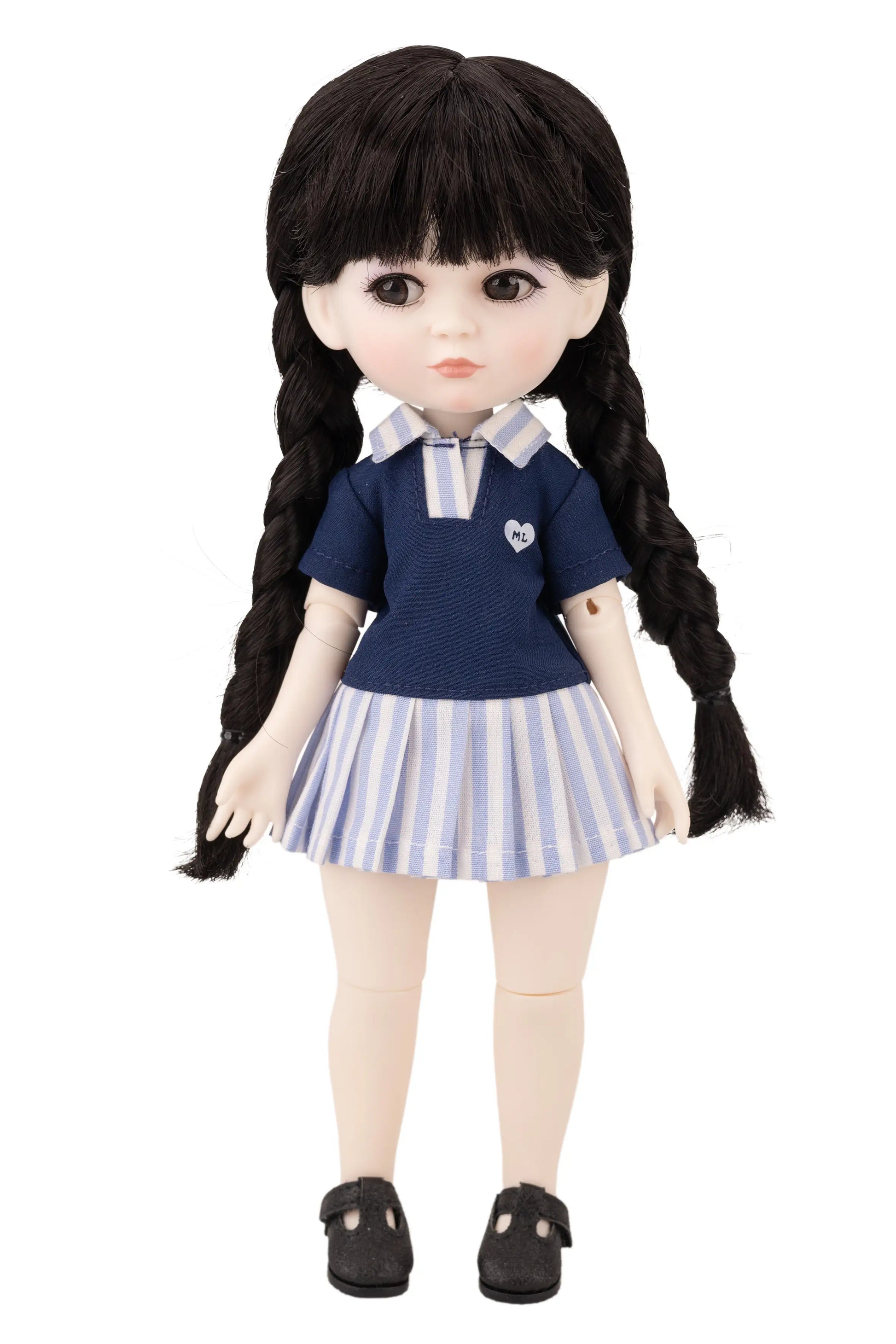 Doll wearing a blue school uniform with a white collar and striped skirt on a white background
