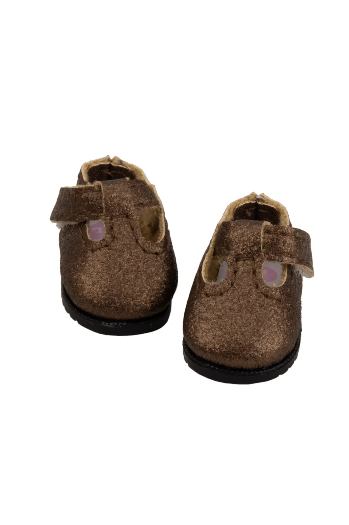 Pair of brown doll shoes with velcro straps on a white background
