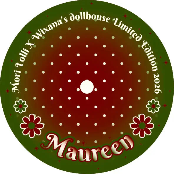 A circular graphic design featuring a dark green outer ring, a red-to-brown gradient center with white polka dots, decorative flowers, and the text 'Mori Loli x Wixana's dollhouse Limited Edition 2026' around the top edge and 'Maureen' at the bottom.