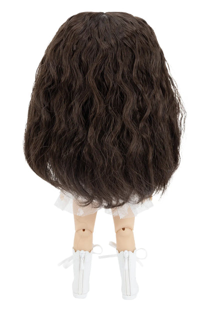 Dark brown wig on a doll head against a white background