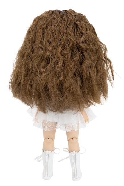 Doll with long brown hair and a white outfit on a white background