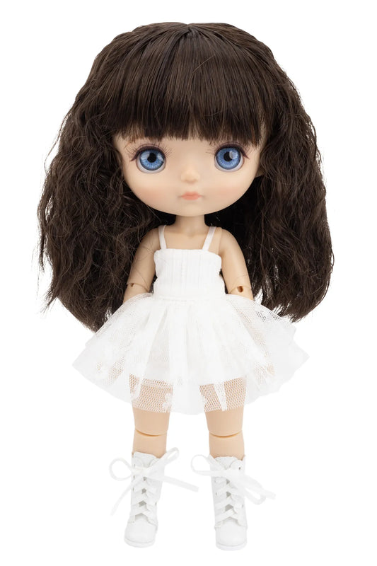 Doll with long dark brown hair, blue eyes, and a white dress on a white background