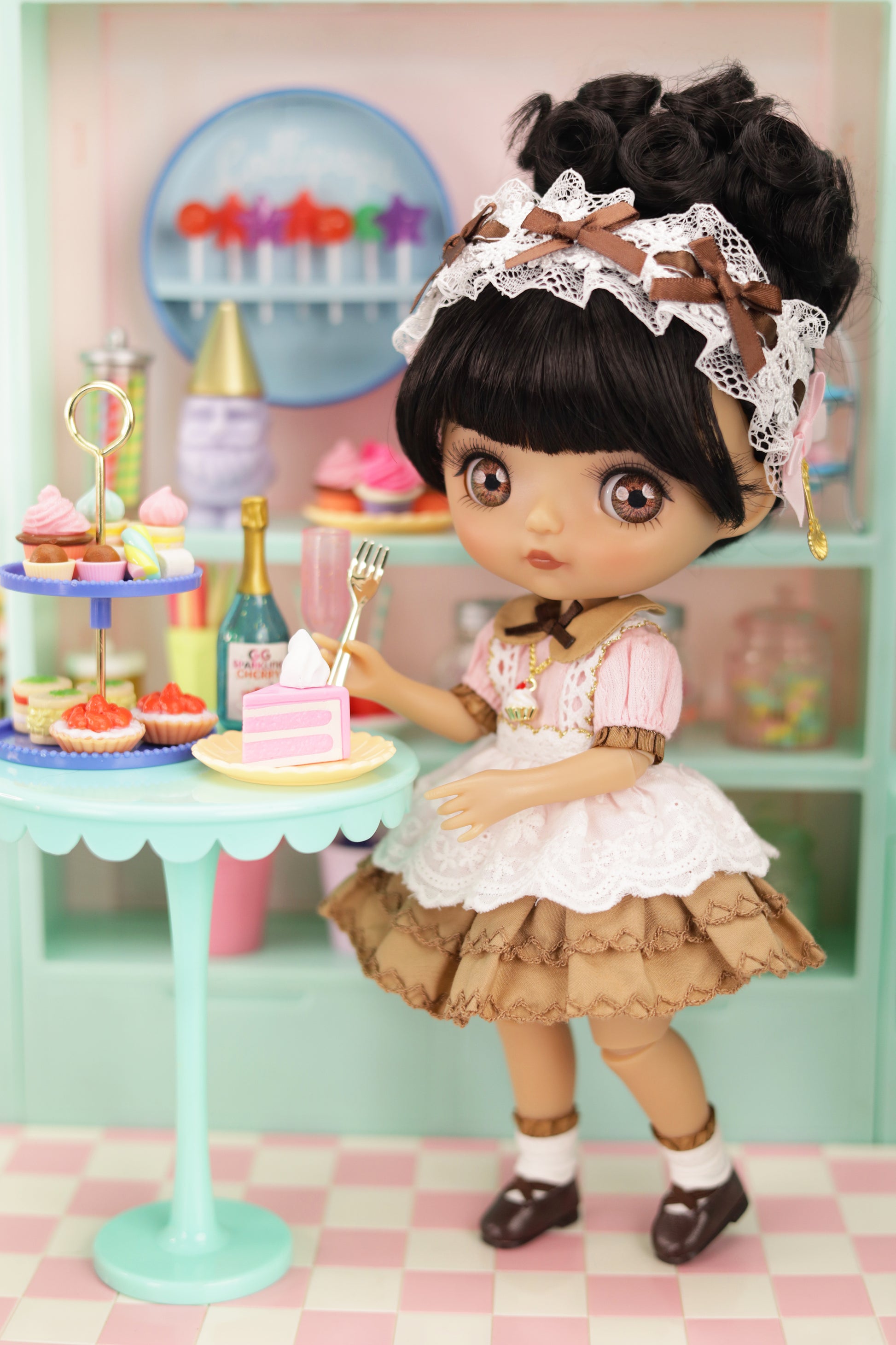Doll in a vintage setting with a cake and decorative items