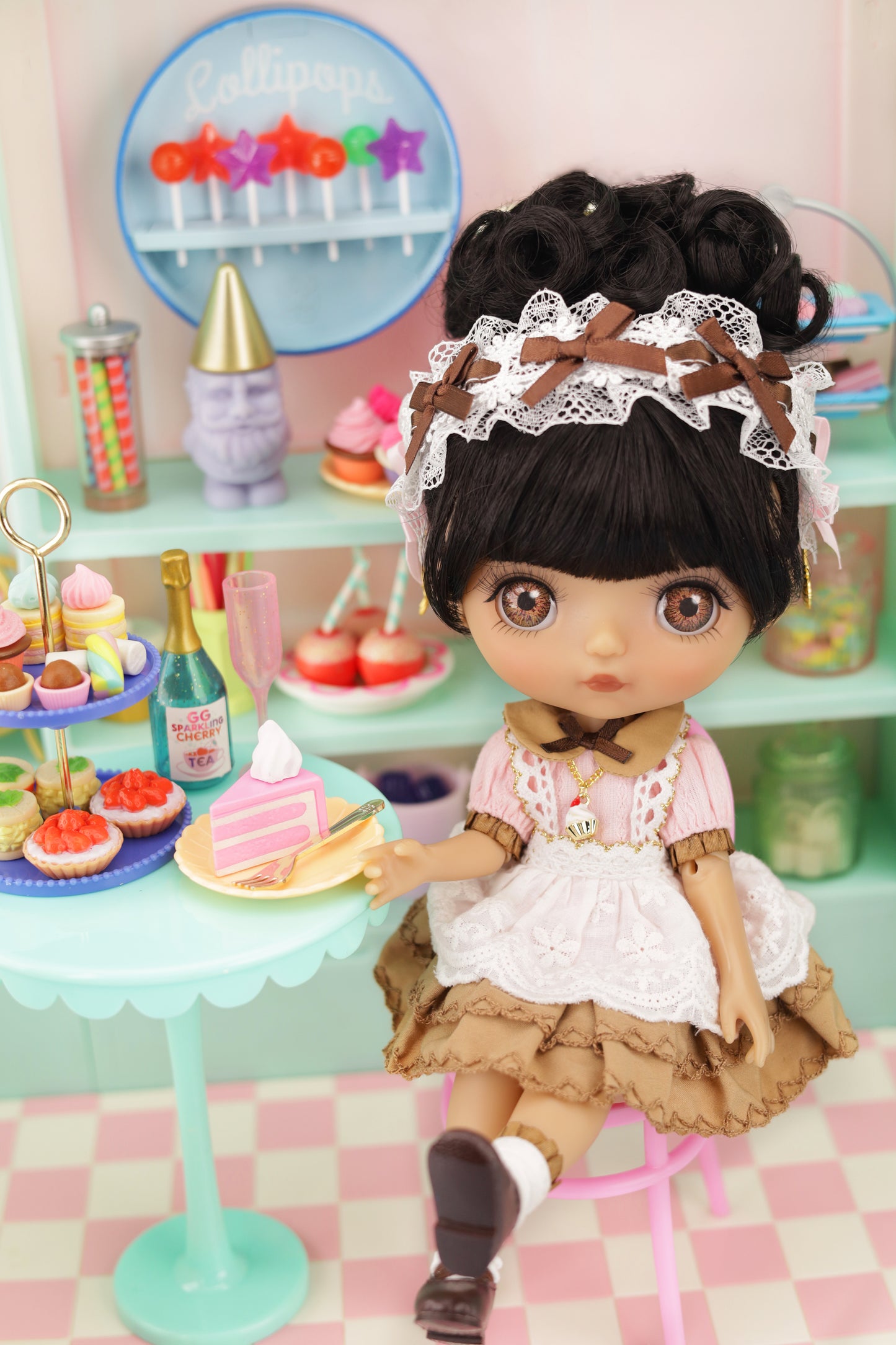 Doll in a vintage setting with a checkered floor and pastel colors.