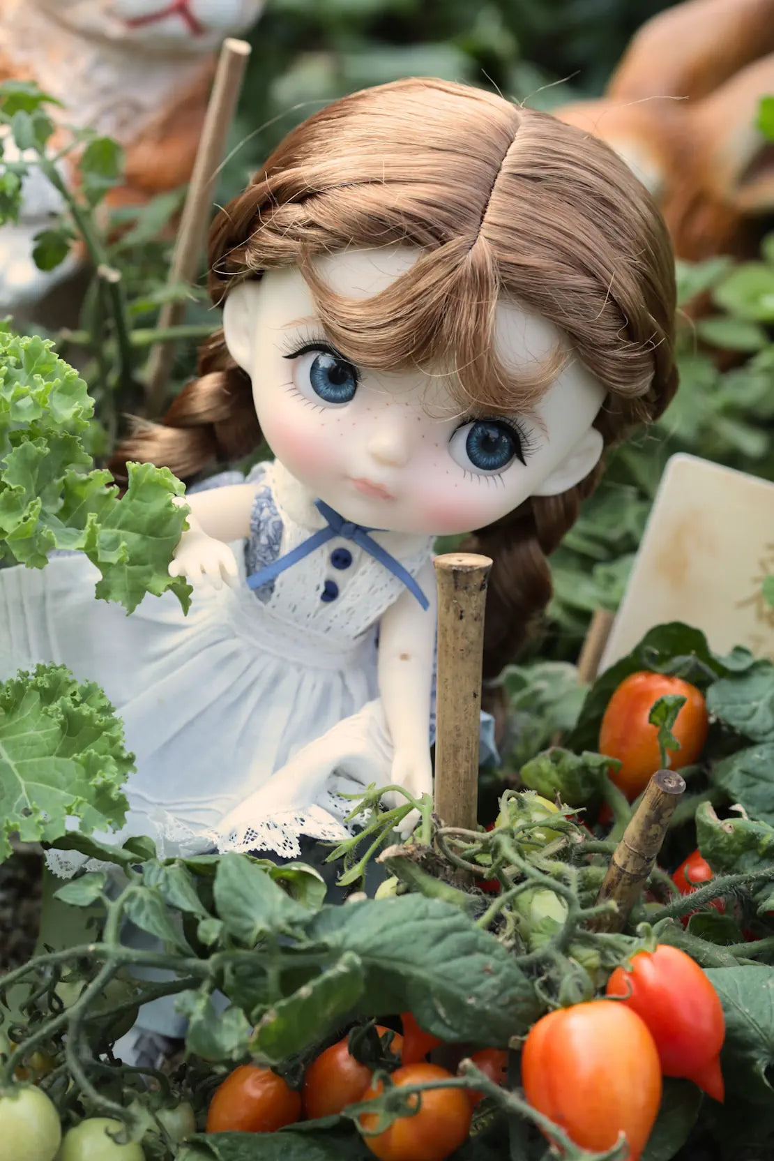 Doll  in a garden with tomatoes and plants