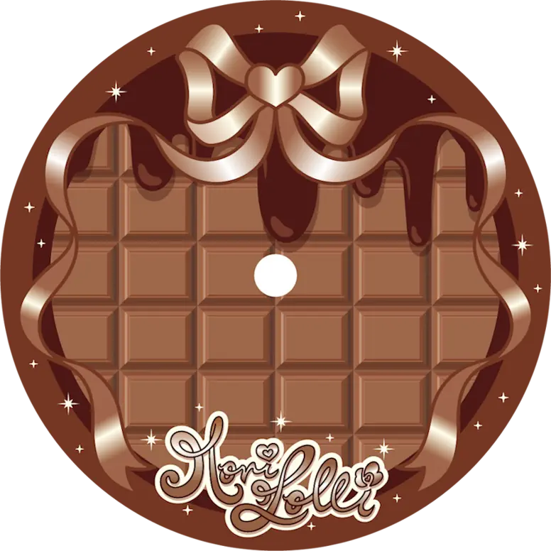 A circular chocolate-themed graphic or label design featuring a milk chocolate bar with a large bow and drizzle at the top.