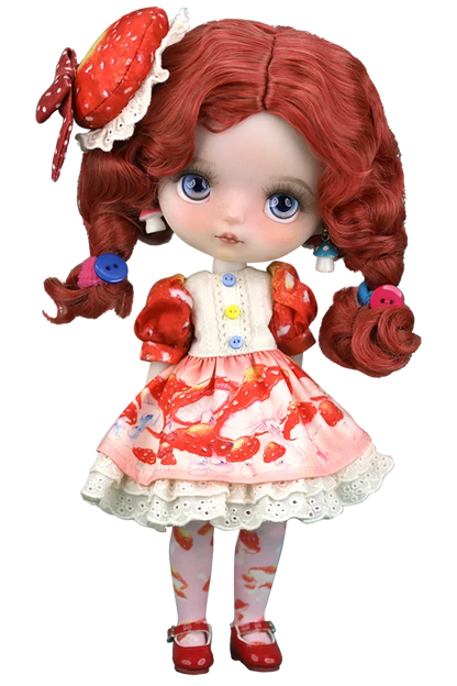 Mori Lolli Doll with red hair styled in pigtails, wearing a mushroom-themed outfit on a white background