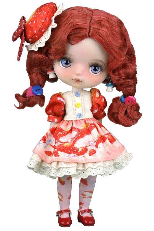 Mori Lolli Doll with red hair styled in pigtails, wearing a mushroom-themed outfit on a white background