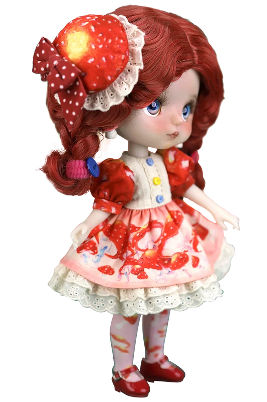 Mori_Lolli_Mushroom_Fantasia Doll with red hair, red dress on a white background