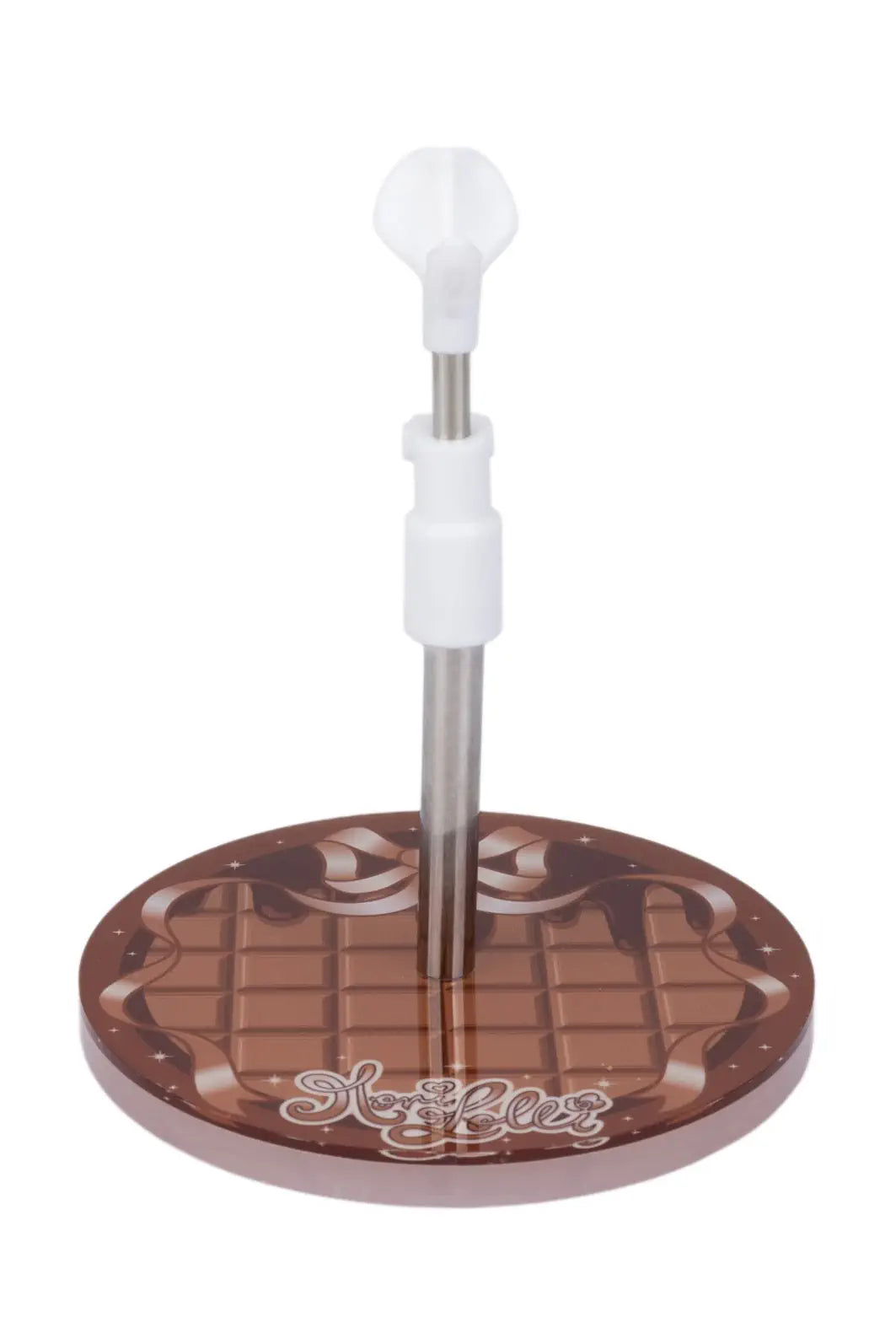 A chocolate-themed stand or display base with a round brown base printed like a chocolate bar, a vertical metal rod, and a white plastic top knob, shown on a plain white background.