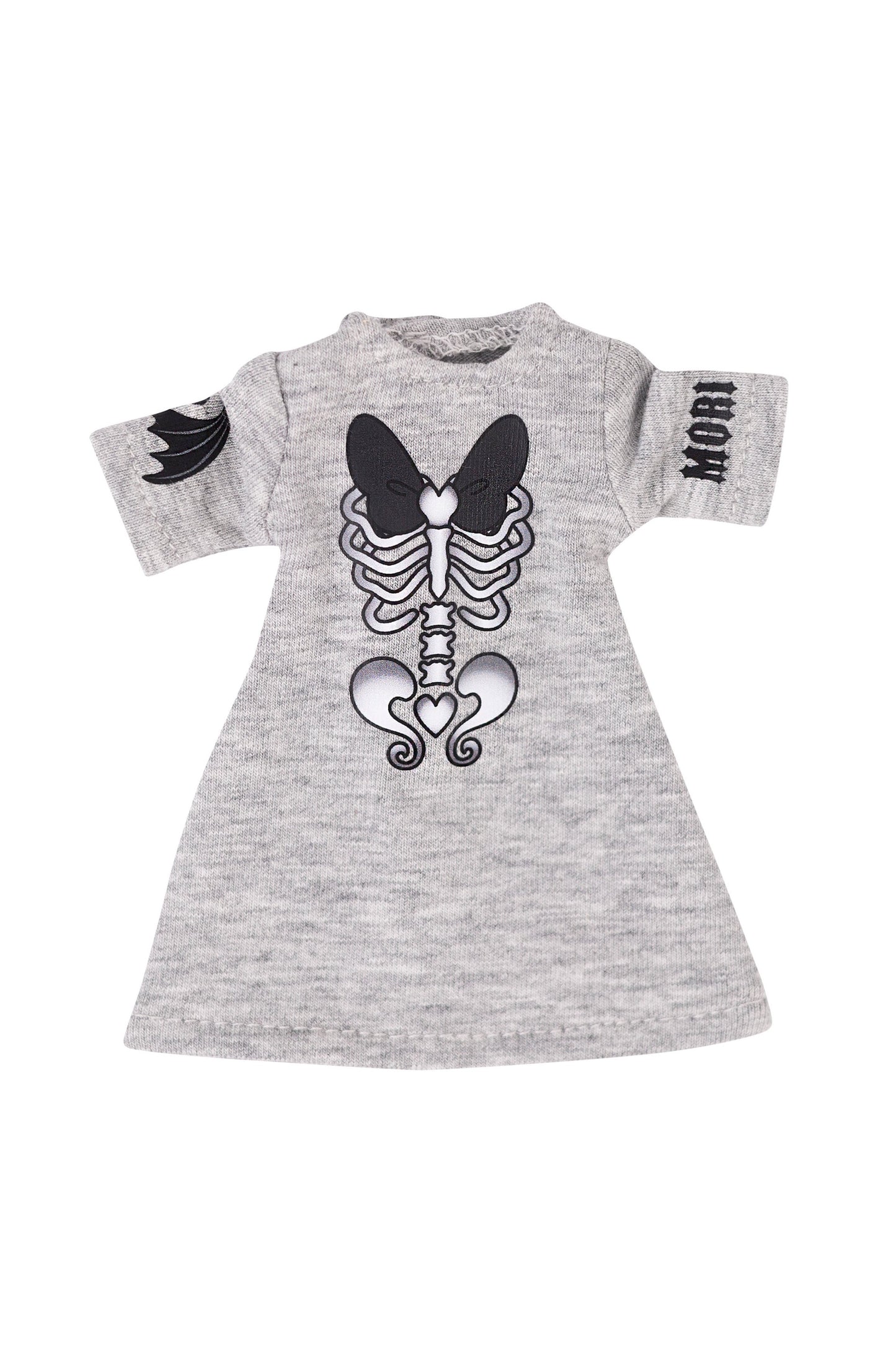 Gray dress with black skeleton design and 'MORI' text on a white background