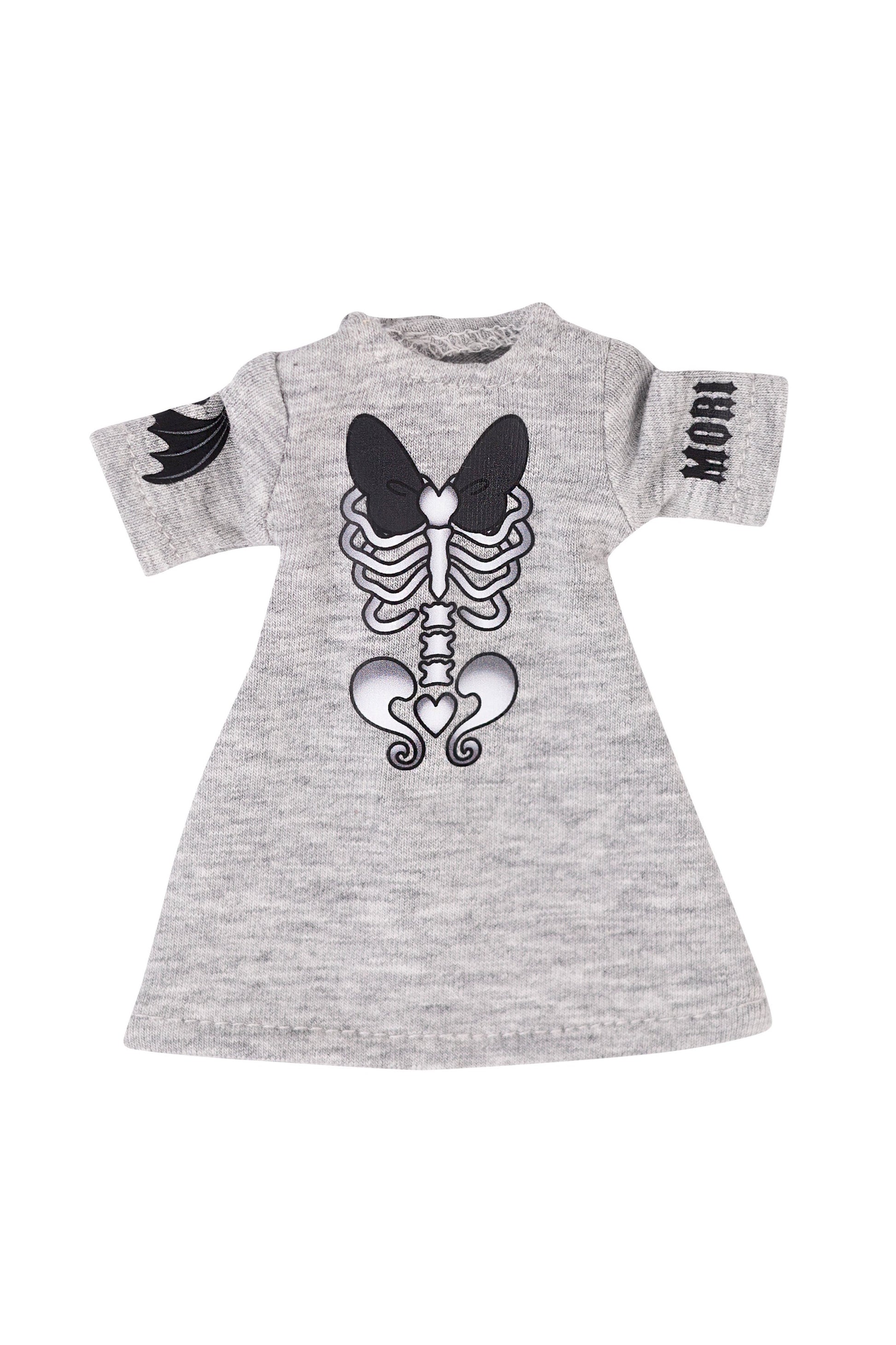 Gray dress with black skeleton design and 'MORI' text on a white background