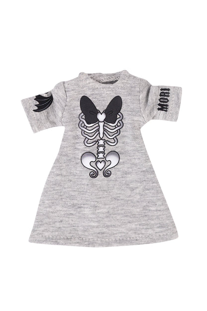 Gray dress with black skeleton design and 'MORI' text on a white background