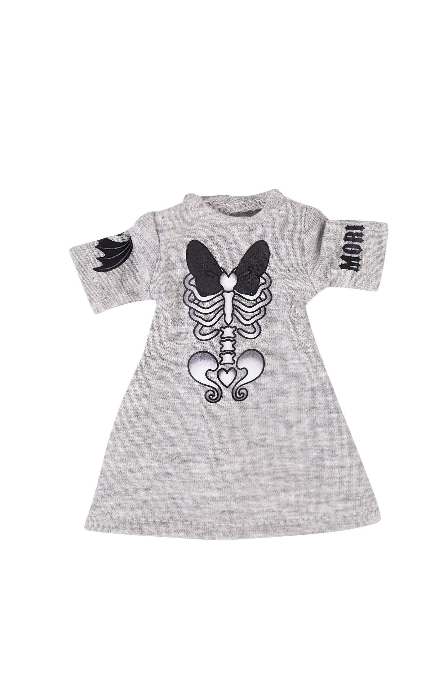 Gray doll dress with black skeleton design and 'MORI' text on a white background
