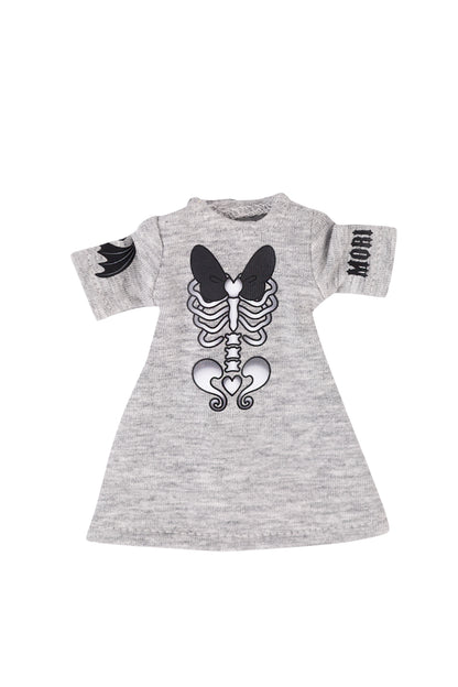 Gray doll dress with black skeleton design and 'MORI' text on a white background