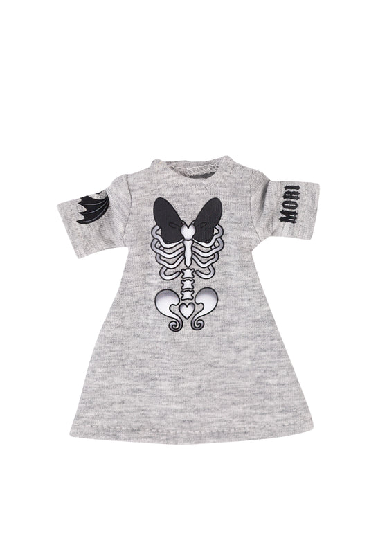 Gray doll dress with black skeleton design and 'MORI' text on a white background