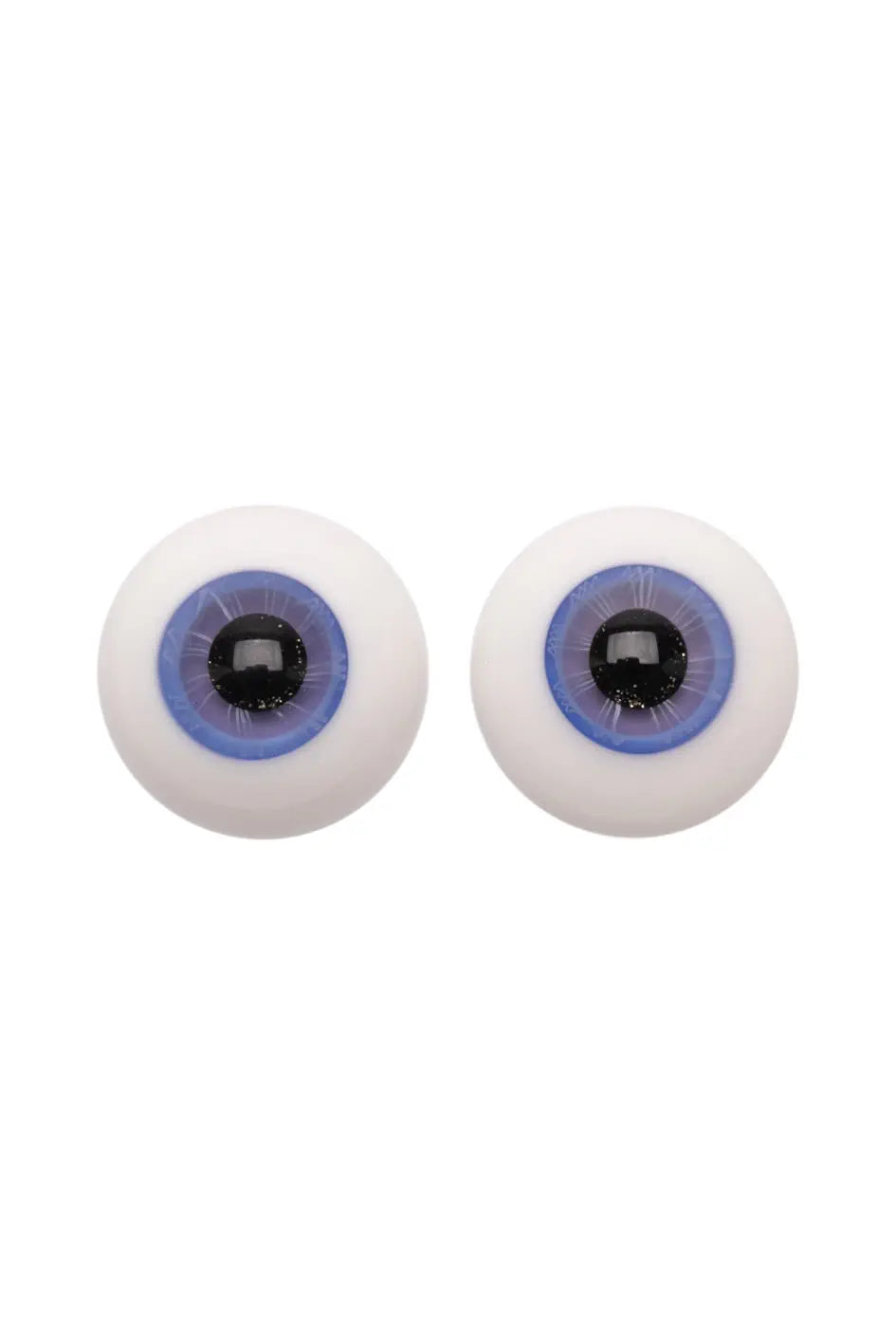 Two round white doll glass eyeball with blue irises and black pupils, shown side by side on a plain white background.