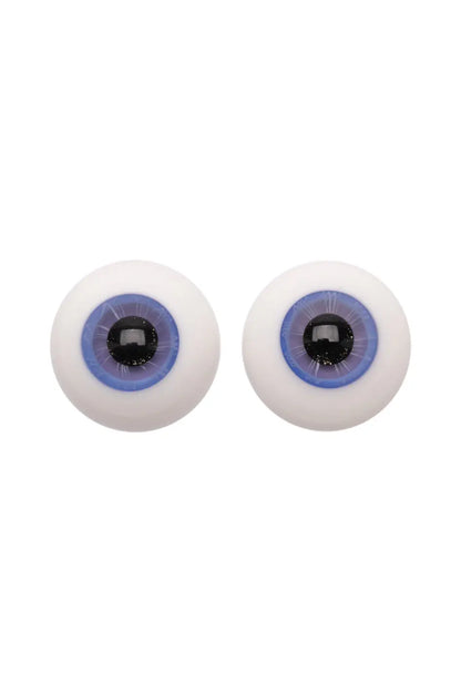 Two round white doll glass eyeball with blue irises and black pupils, shown side by side on a plain white background.
