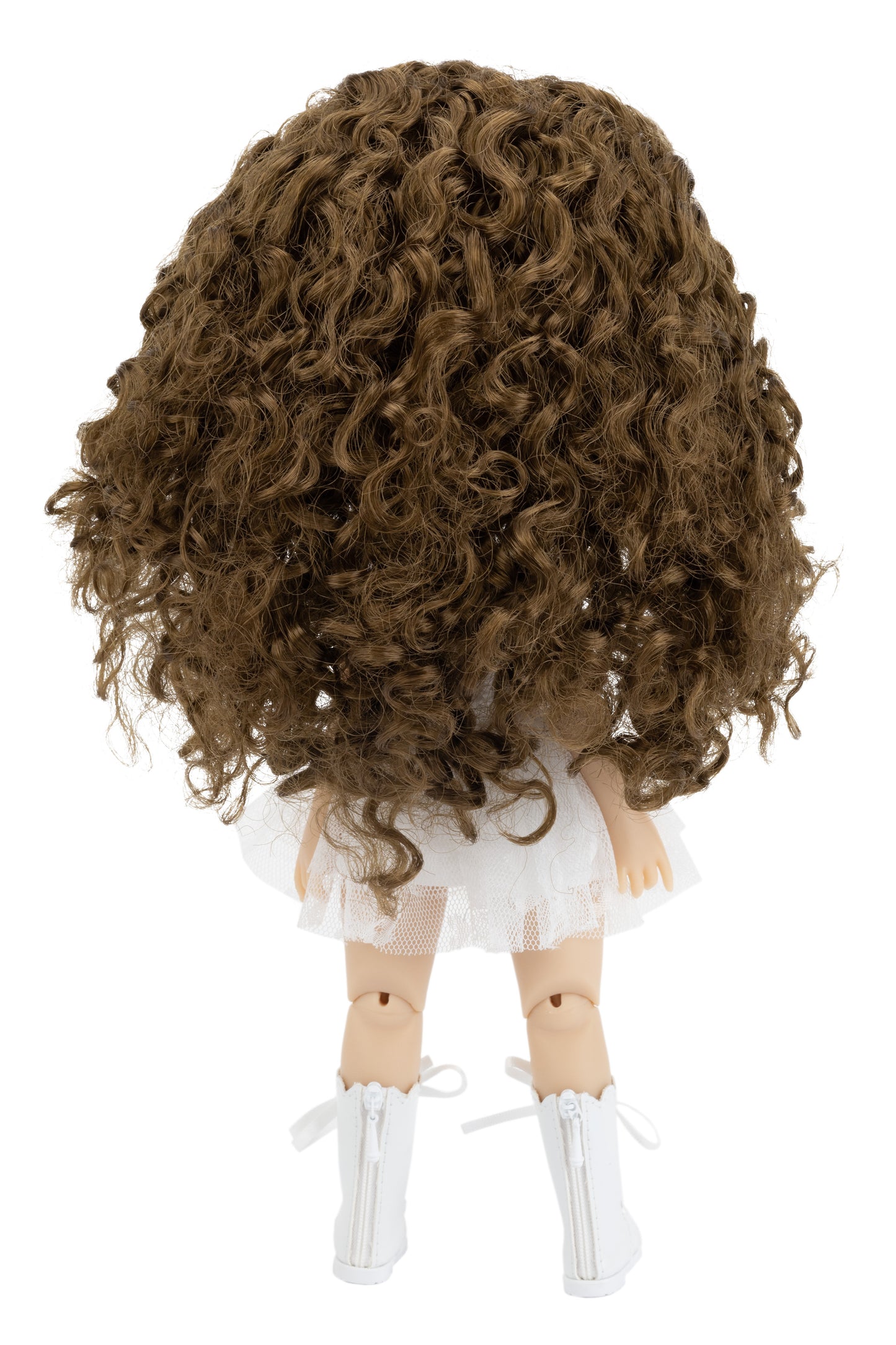Doll with long, curly brown hair on a white background