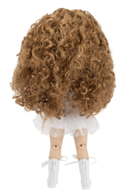 Doll with curly brown hair and white outfit on a white background